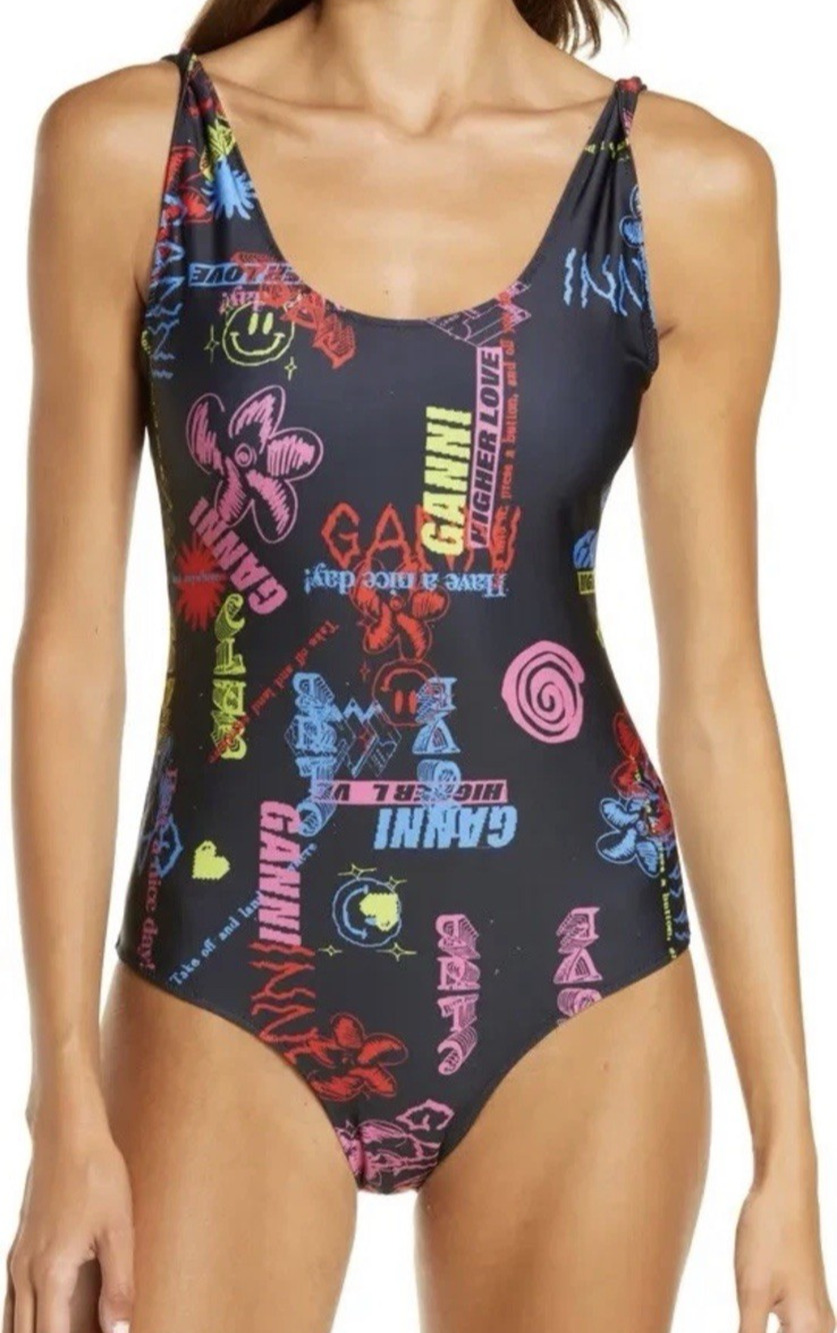 NWT GANNI Graphic Logo One Piece Swimsuit Womens Plus US 18 EU 48 Black
